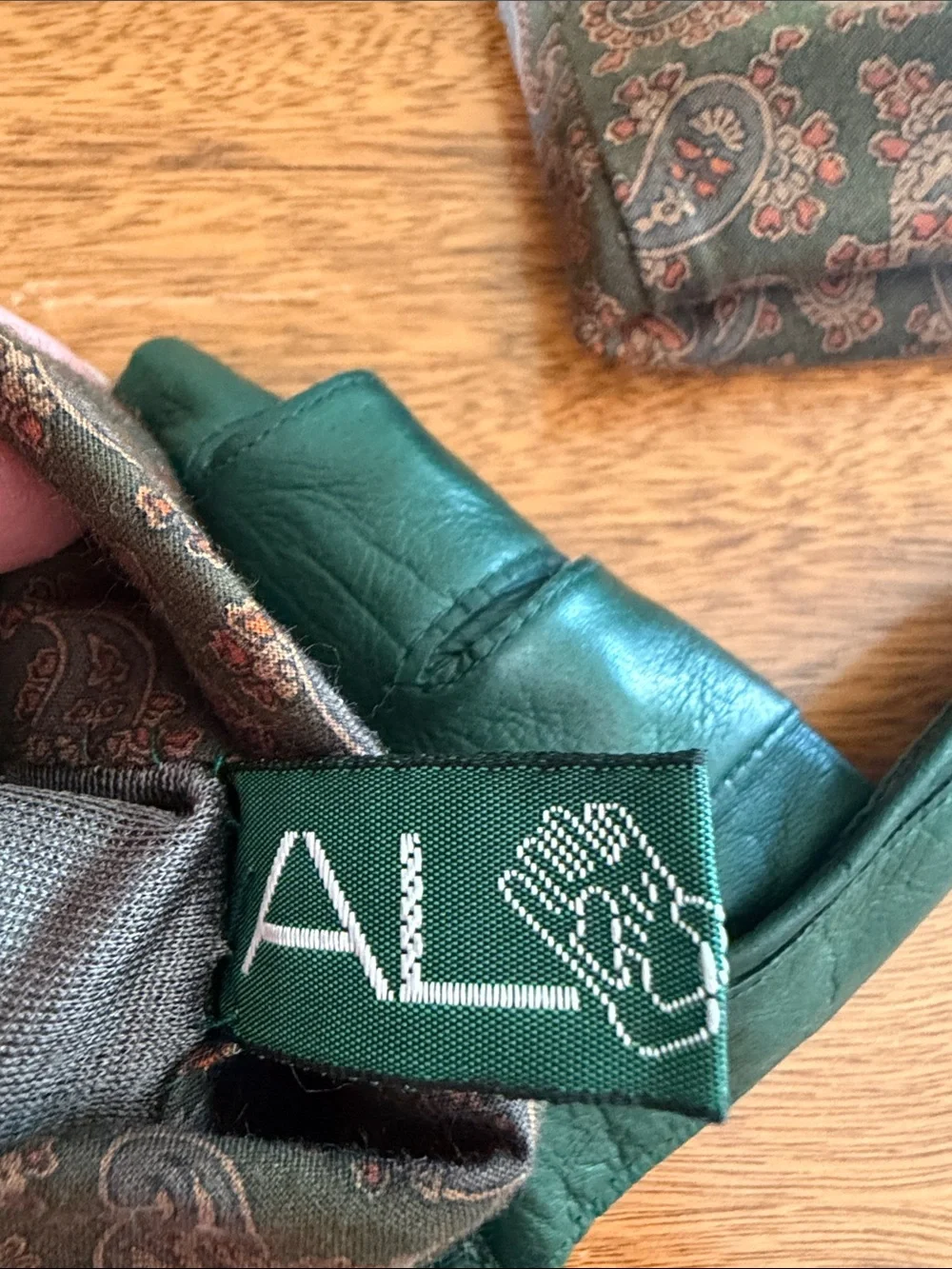 Vintage Leather Gloves from Italy - Green with Paisley Cuff